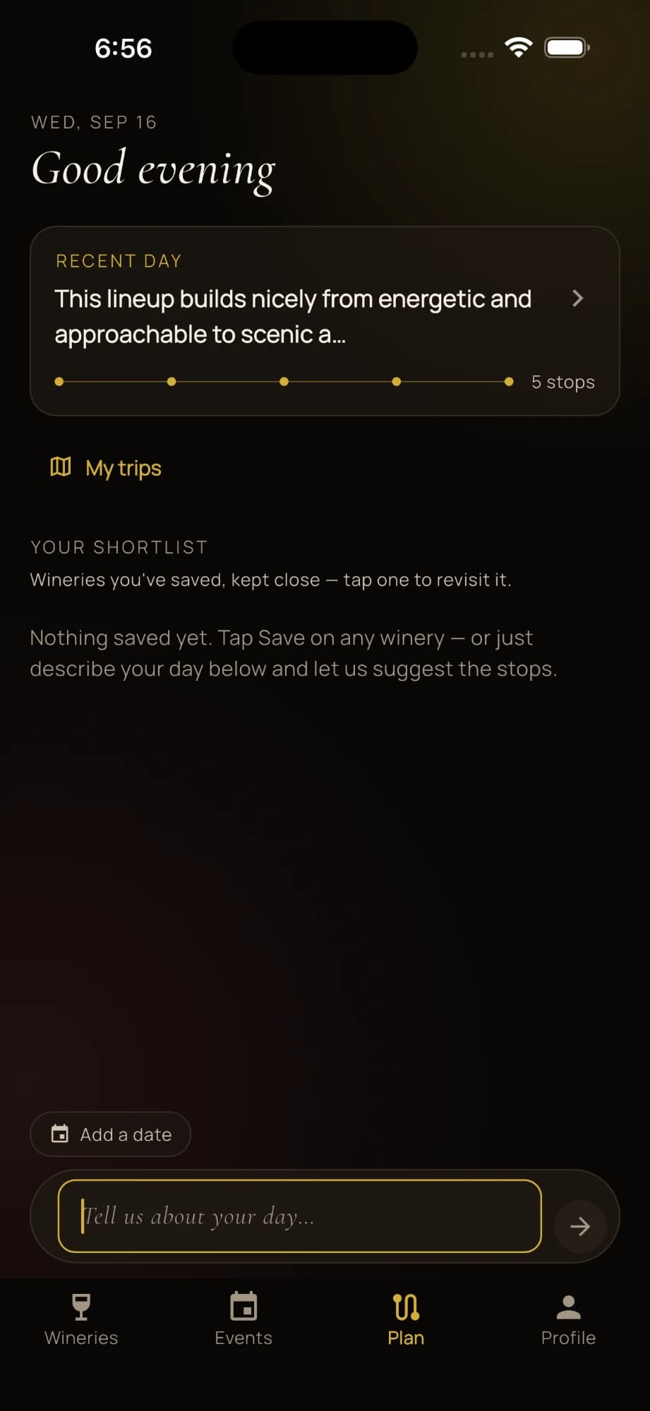 App screen: the Plan tab, where you tell the app about your day