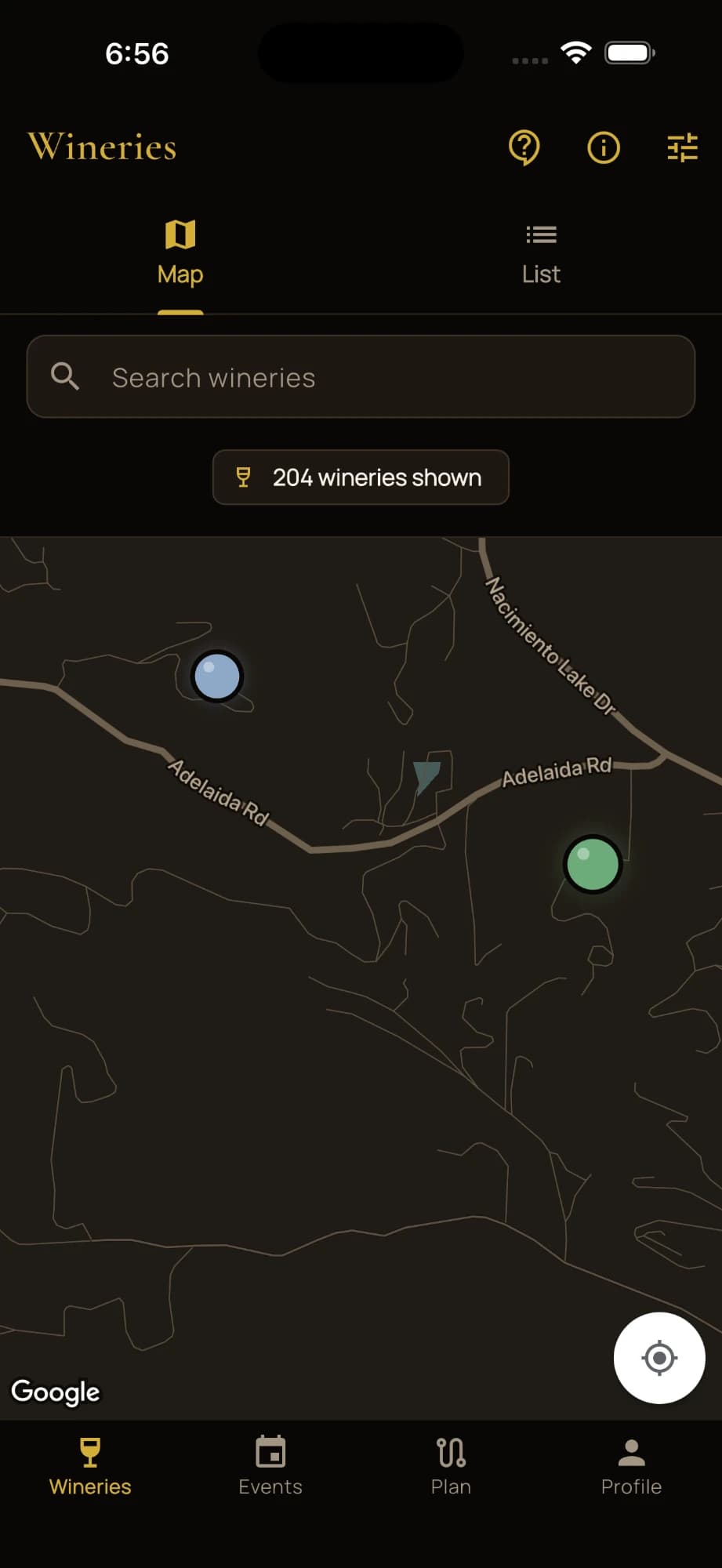 App screen: a map of wineries near Adelaida Road